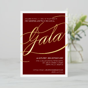 Invitación Con Relieve Metalizado GALÁ DE BENEFICENCIA caligrafía elegante rojo burd