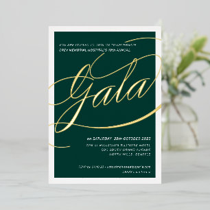 Invitación Con Relieve Metalizado GALÁ DE BENEFICENCIA caligrafía elegante verde osc