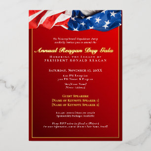Invitación Con Relieve Metalizado Gala del Día Patriótico de Reagan, recaudación de