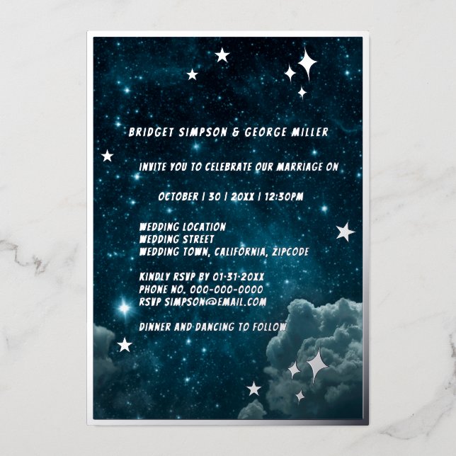 Invitación Con Relieve Metalizado galaxia azul cielo boda plata (Anverso)