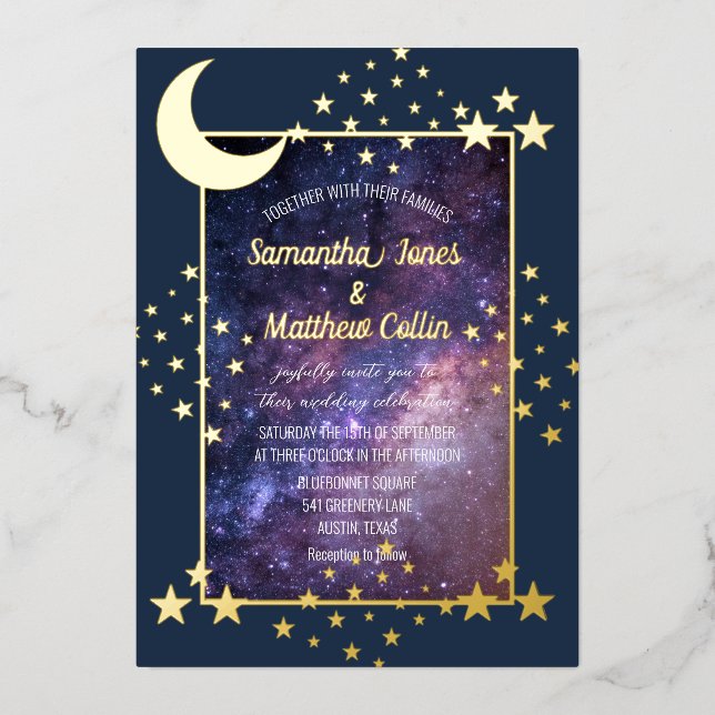 Invitación Con Relieve Metalizado Galaxia celeste Cosmos Moon Relieve metalizado dor (Anverso)