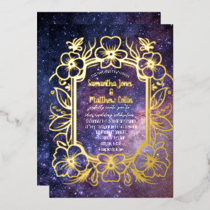 Invitación Con Relieve Metalizado Galería Celeste Cosmos Noche Papel de Oro Boda
