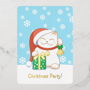 Invitación Con Relieve Metalizado Gato blanco de Navidad en una fiesta de sombrero r