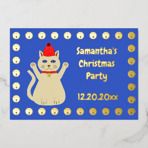 Invitación Con Relieve Metalizado Gato de Navidad Lindo Personalizado