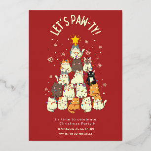 Invitación Con Relieve Metalizado Gato Rojo Lindo Navidad