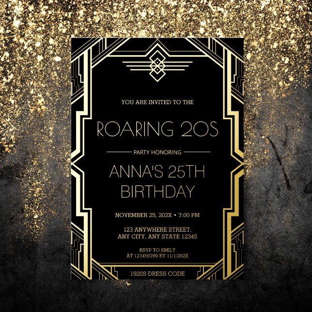 Invitación Con Relieve Metalizado Gatsby Art Deco Black and Gold Birday Party (Subido por el creador)