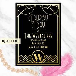 Invitación Con Relieve Metalizado Gatsby Art Deco Caballo Derby Fiesta Negro