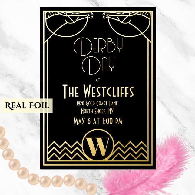 Invitación Con Relieve Metalizado Gatsby Art Deco Caballo Derby Fiesta Negro (Elegant Gatsby glamor with real gold foil for your Derby day horse racing party)