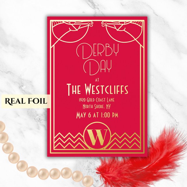 Invitación Con Relieve Metalizado Gatsby Art Deco Caballo Derby Fiesta Rojo (Elegant Gatsby glamor with real gold foil for your Derby day horse racing party)