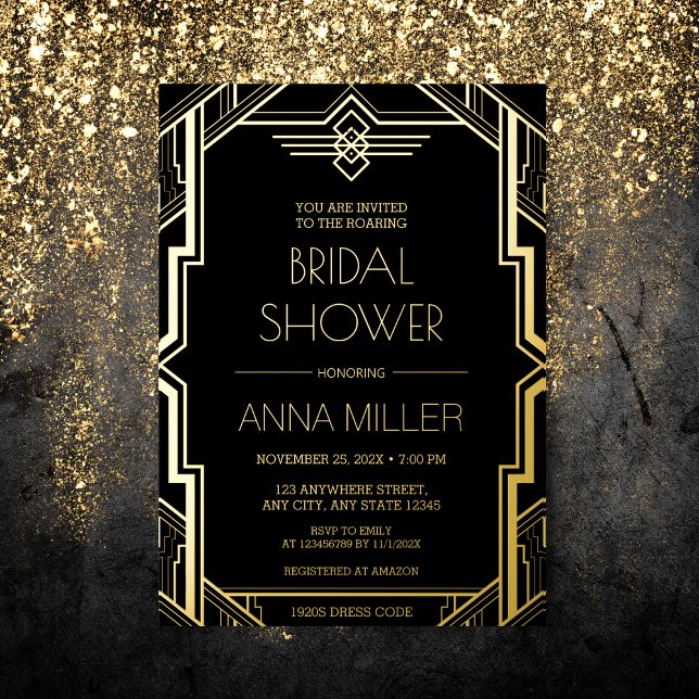 Invitación Con Relieve Metalizado Gatsby Art Deco Gold y Black Bridal Shower (Subido por el creador)