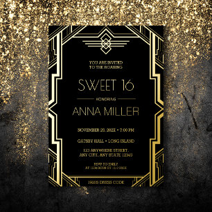 Invitación Con Relieve Metalizado Gatsby Art Deco Negro y Dorado Cumpleaños 16