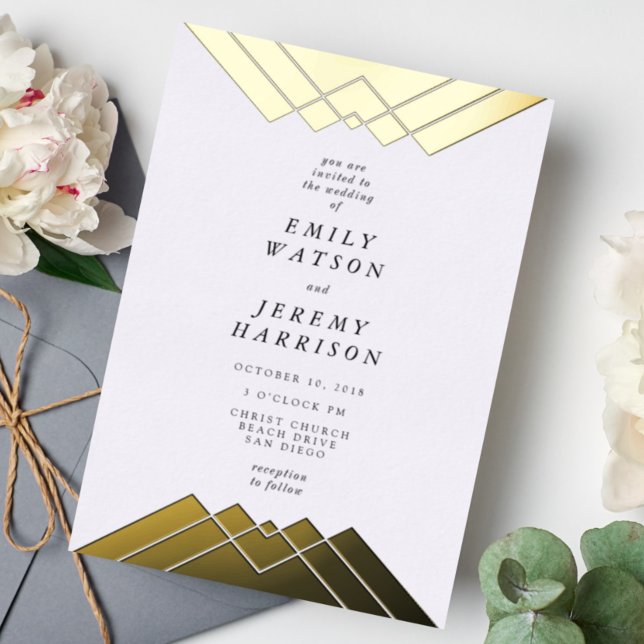 Invitación Con Relieve Metalizado Gatsby de oro geométrico presionado por Boda (Subido por el creador)