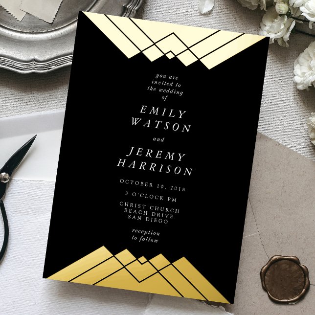 Invitación Con Relieve Metalizado Gatsby de oro negro geométrico presionado por Boda (Subido por el creador)