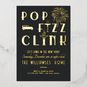 Invitación Con Relieve Metalizado Gatsby Pop Fizz Clink Art Deco Fiesta de Año Nuevo