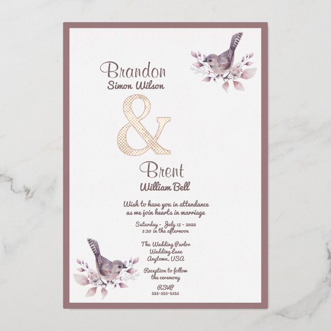 Invitación Con Relieve Metalizado Gay Dusty Burgundy y Rosa Ampersand de oro (Anverso)