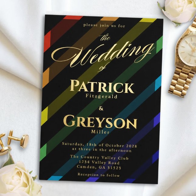 Invitación Con Relieve Metalizado Gay Men Wedding Elegant Rainbow Gold (Subido por el creador)