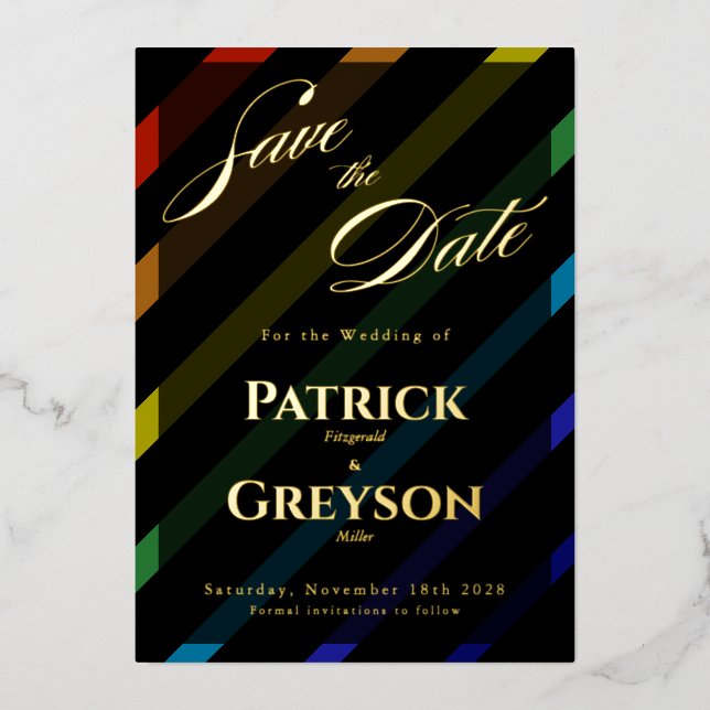 Invitación Con Relieve Metalizado Gay Men Wedding Elegant Rainbow Gold Save-the-Date (Anverso)