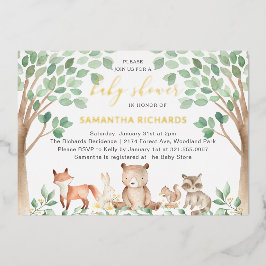 Invitación Con Relieve Metalizado Género Neutral Woodland Animales Baby Shower Gold