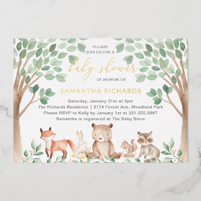 Invitación Con Relieve Metalizado Género Neutral Woodland Animales Baby Shower Gold (Anverso)
