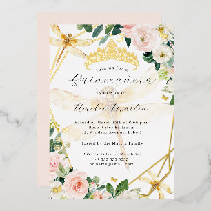 Invitación Con Relieve Metalizado Geo Rubor Floral Dragona Dorada Quinceañera