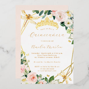 Invitación Con Relieve Metalizado Geo Rubor Floral Dragonfly Quinceañera de Oro