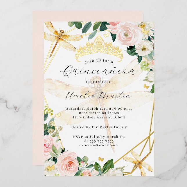Invitación Con Relieve Metalizado Geo Rubor Floral Gold Dragonfly Quinceanera (Anverso/Reverso)