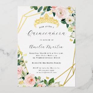 Invitación Con Relieve Metalizado Geo Rubor Floral Quinceañera Dorado 