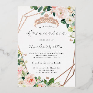 Invitación Con Relieve Metalizado Geo Rubor Floral Quinceañera Rosa Dorada