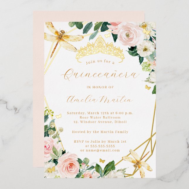 Invitación Con Relieve Metalizado Geo Rubor Gold Flagonfly Quinceanera (Anverso/Reverso)