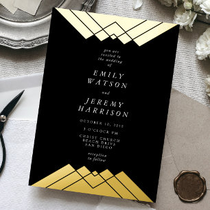 Invitación Con Relieve Metalizado Geometric Black Gold Gatsby Boda Prensa