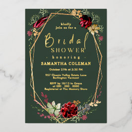 Invitación Con Relieve Metalizado Geometric Boho Wildflower Dark Green Bridal Shower