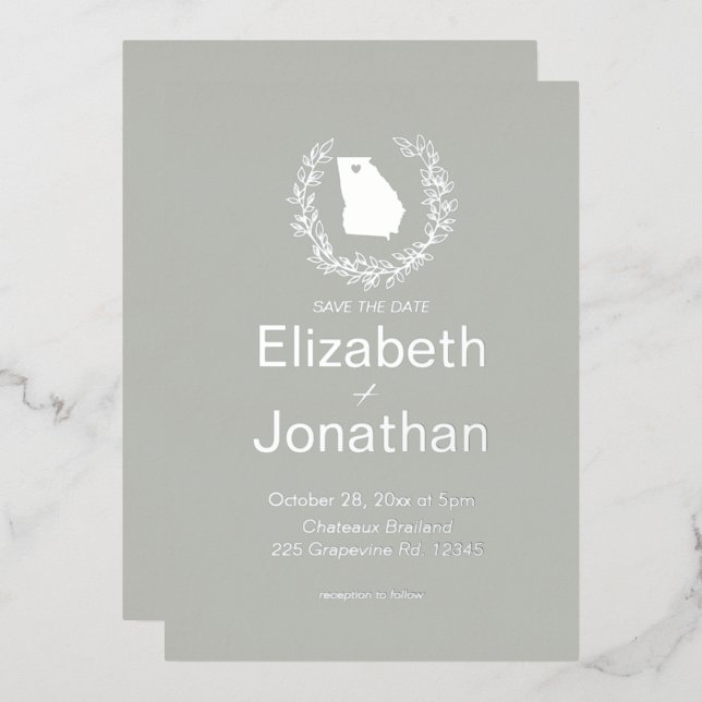 Invitación Con Relieve Metalizado Georgia Silhouette Simple Destination Wedding (Anverso/Reverso)