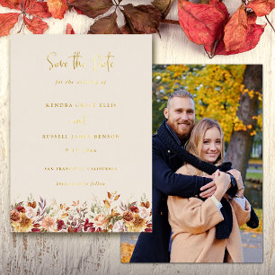 Invitación Con Relieve Metalizado Gilded Fall Terracotta Floral Save the Date