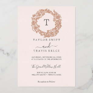 Invitación Con Relieve Metalizado Gilded Floral   Monograma Rosa Dorada de Boda en R