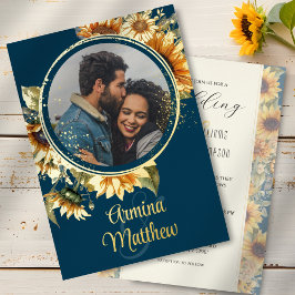 Invitación Con Relieve Metalizado Girasol Azul Marino Foto Boda Oro