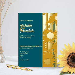 Invitación Con Relieve Metalizado Girasol Azul Teal Moderno Boda Oro