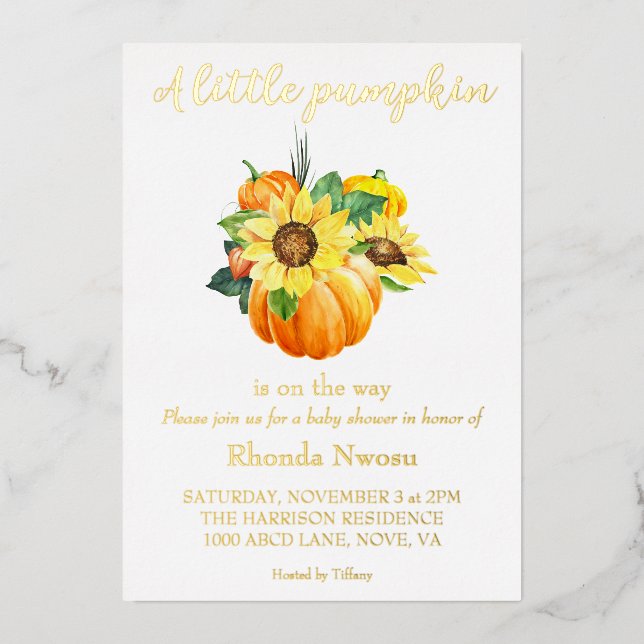 Invitación Con Relieve Metalizado Girasol de Otoño Calabaza Sin Género  (Anverso)