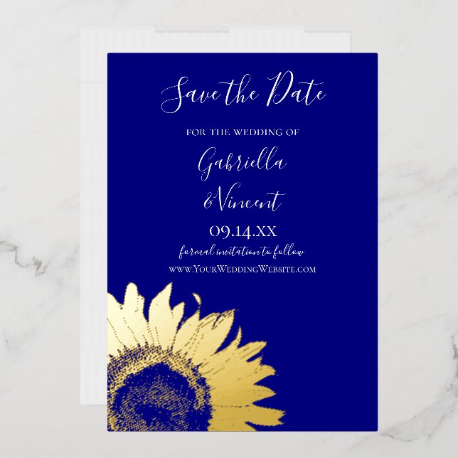 Invitación Con Relieve Metalizado Girasol dorado en azul marino Boda Save the Date (Sobre)