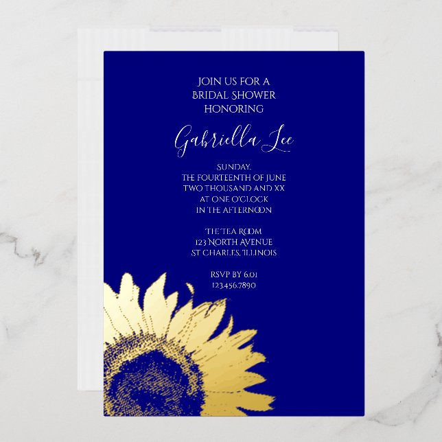 Invitación Con Relieve Metalizado Girasol dorado en la ducha azul de la Marina (Sobre)