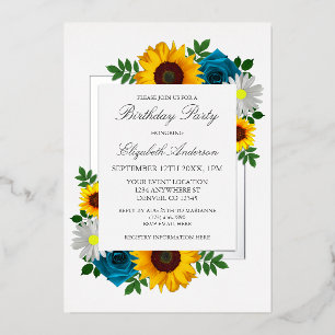 Invitación Con Relieve Metalizado Girasol Rosa Margarita Floral Cumpleaños