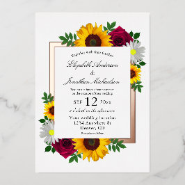 Invitación Con Relieve Metalizado Girasol Rosa Margarita Otoño Floral Boda