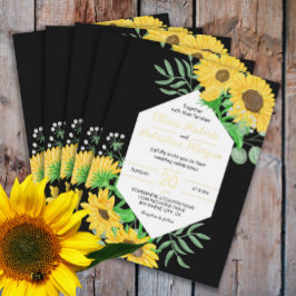 Invitación Con Relieve Metalizado girasoles amarillo acuarela en oro negro boda
