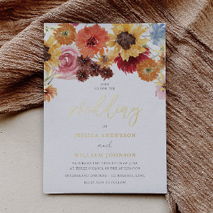 Invitación Con Relieve Metalizado Girasoles Dorados Boda Floral Verano Dorado