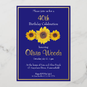 Invitación Con Relieve Metalizado Girasoles en azul - 40 cumpleaños