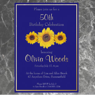 Invitación Con Relieve Metalizado Girasoles en azul - 50 cumpleaños