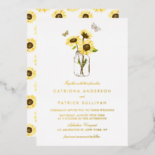 Invitación Con Relieve Metalizado Girasoles en Tarro de Mason Boda Rústica Campestre