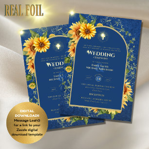 Invitación Con Relieve Metalizado Girasoles Oro Boda Católica Elegante Azul