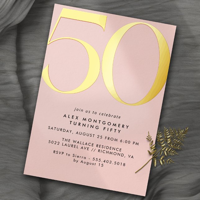 Invitación Con Relieve Metalizado Girly Rubor Pink & Gold | 50 Aniversario de la Muj (Subido por el creador)