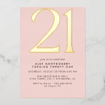 Invitación Con Relieve Metalizado Girly Rubor Pink & Gold | Cumpleaños 21 de las muj<br><div class="desc">Invitaciones de 21 años de estilo moderno con un gran título "50" en Relieve metalizado metálico real. Los detalles del evento se imprimen a continuación en un texto negro mate. El oro acentúa sobre una rosa clara femenina.</div>