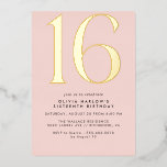 Invitación Con Relieve Metalizado Girly Rubor Pink & Gold | Glam Sweet 16th Birthday<br><div class="desc">Invitaciones modernas de 16 años con un gran epígrafe "16" en Relieve metalizado metálico real sobre fondo rosa claro bonito. (Los colores de fondo se pueden cambiar utilizando la herramienta de diseño. También puede cambiar el tipo de Relieve metalizado metálico.)</div>
